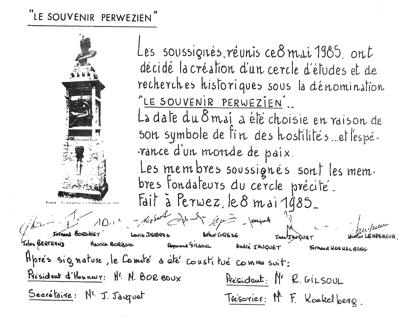 Cercle historique de Perwez - acte fondateur